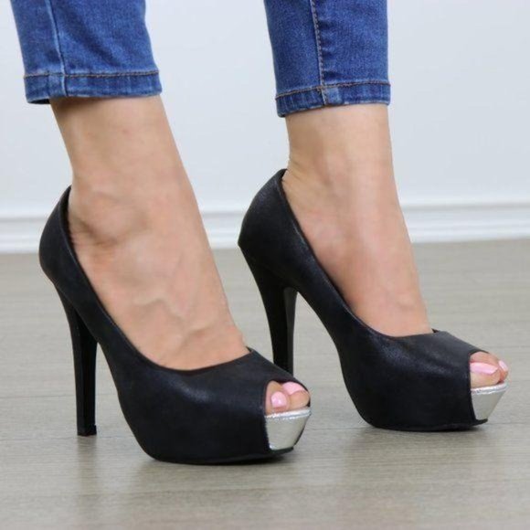 Sexy Black Metallic Peep Toe Platform High Heels - Picture 3 of 9